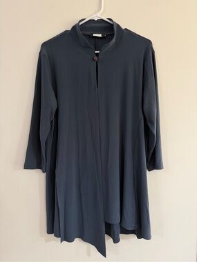 Sympli Wmns 14 Mock Neck Tunic Top Asymmetrical Hem 3/4 Slv Steel Blue Lagenlook